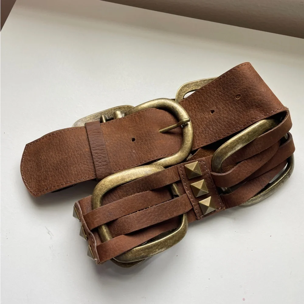 Leatherock Brown Leather Belt Brass Metal Accents Studs 36